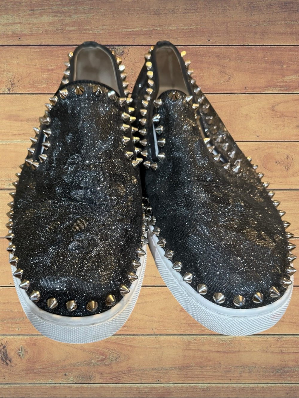 Christian Louboutin Authentic Pik Boat Spiked Black Glitter Slip On Sneakers - Picture 11 of 16